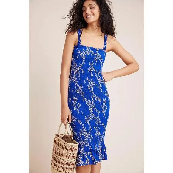 Faithfull The Brand Farah Smocked Midi Dress Cobalt Size S - Picture 1 of 7